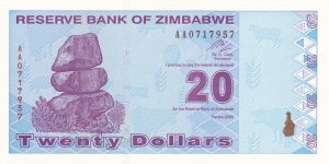 Zimbabwe P95 (20 dollar 2009) Banknote