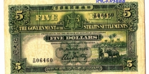STRAITS SETTLEMENYS $5 BUFFALO AND TIGER 
NO TEAR NO HOLE WITH RADAR NO.  (SOLD 21th april 2011) Banknote