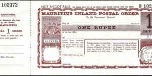 Mauritius 1986 1 Rupee postal order.

Issued at Port Louis. Banknote