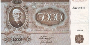 5000 markkaa Litt.A Serie AA Notes size 203 X 120 mm (inc 7,992 X 4,724) This note is made of 1955 Banknote