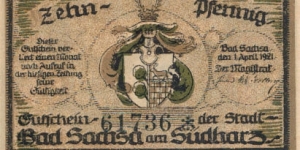 Bad Sadisa and Sudharz 10 pfennig 1Apr1921 Notgeld Banknote