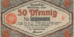 Koln 50pfennig 12Jan1922 Notgeld Banknote