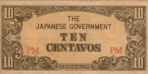 PI-104 RARE Philippine 10 Centavos note under Japan rule, block letters PM. Banknote