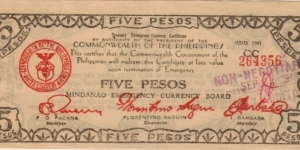 S-207 Mindanao Emergency Currency Board 5 Pesos note stamped Non-Negotiable and signed by city Auditor Banknote