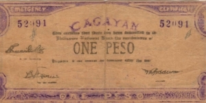 S-186 Cagayan 1 Peso note with eagle print missing from front. Banknote