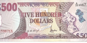 P34a - 500 Dollars
Sign 11
GOVERNOR(ag) - Dolly Sursattie Singh and MINISTER of FINANCE - Bharrat Jagdeo  Banknote