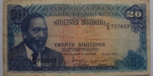 Kenya Shillings 20 Banknote, Dated 1st July 1977 Banknote