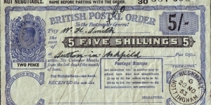 England 1953 5 Shillings postal order.

Issued at Hucknall,Nottingham (Nottinghamshire).

King George VI Posthumous Issue under Queen Elizabeth II. Banknote