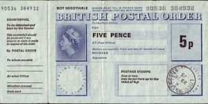 England 1975 5 Pence postal order.

Issued at Lorne Rd.,Leicester (Leicestershire). Banknote