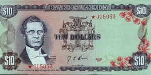 Jamaica 1977 10 Dollars.

Same serial numbered set. Banknote