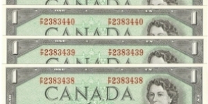 Canada 1954, Modified Portrait $1 banknotes in 5 consecutive running numbers Banknote