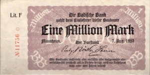 1 Million Marks
Badische Bank Mannheim  
Uniface Banknote