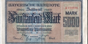5.000 Marks 
Bayerische Notenbank, Munich  Banknote