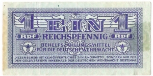 1 ReichsPfennig
(AUXILIARY PAYMENT CERTIFICATE/WEHRMACHT ARMED
FORCES Third Reich 1942) Banknote