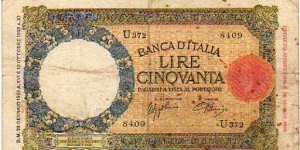 *KINGDOM*
___________

50 Lire_
pk# 54_
1933-40_
b. Signature Azzolini and Urbini. 30.4.1937; 19.8.1941 Banknote