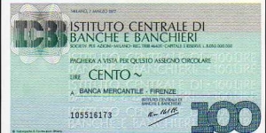 100 Lire Pk NL (Emergency Notes_ Local Mini-Check- Istituto Centrale di Banche e Banchieri 07-03-1977) Banknote