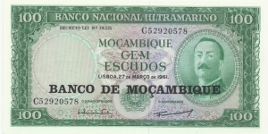 Moçambique 100 Escudos 1961-overprint Banknote