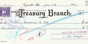 Bank cheque from the Vegreville location of the Alberta Treasury Branch. The ATB was created as an abortive attempt by the Province of Alberta to nationalize every private bank in a bizarre fit of Social Credit ideology. Today the bank is known as ATB Financial and acts like any other bank, except that it is still entirely owned by the provincial government. Banknote