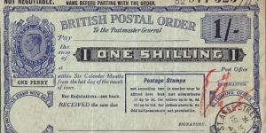 England 1947 1 Shilling postal order.

Issued at St. Anne Street,Liverpool (Lancashire). Banknote