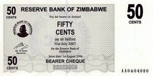 Reserve Bank of Zimbabwe 50 Cents Bearer Cheque Banknote