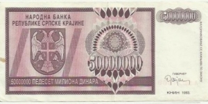 Krajina Serbia 50 Million Dinara 1993 Banknote