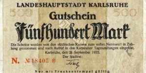 500 Mark - Karlsruhe Banknote