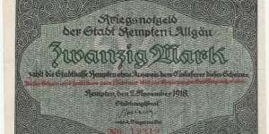 Germany-Kriegsnotgeld 20 Mark 1918-Stadt Kempten Banknote