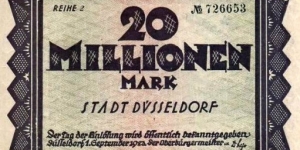 20 Millionen Mark Dusseldorf Notgeld Banknote