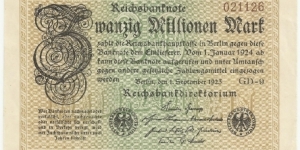 Germany Weimar 20 Million Mark 1923 (diff serial number-3) Banknote