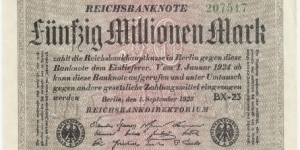 Germany Weimar 50 Million Mark 1923 (diff serial number-2) Banknote