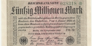 Germany Weimar 50 Million Mark 1923 (diff serial number-4) Banknote