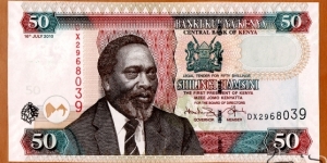Kenya | 
50 Shillings, 2010 | 

Obverse: The First President of Kenya Mzee Jomo Kenyatta, and National Coat of Arms | 
Reverse: Mombasa Tusks, Caravan of nomads with dromedary camels | 
Watermark: Head of a lion and denomination | Banknote