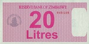 Zimbabwe N.D. (2005-08) 20 Litres.

Fuel Coupon.

Printed on 500 Dollars paper. Banknote