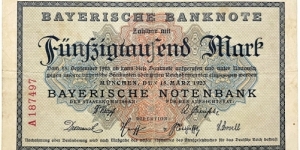 50.000 Mark (Regional Issue / Bavarian Note Issuing Bank-Weimar Republic 1923) Banknote