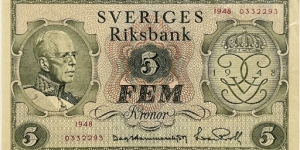 5 Kronor (consecutive series 2 of 2 / 0332293)  Banknote