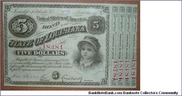 5 Dollars. The famous baby bond of Louisiana. Banknote