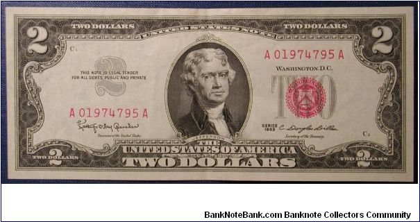 1963 US 2 Dollar Federal Reserve Note Red Seal Banknote