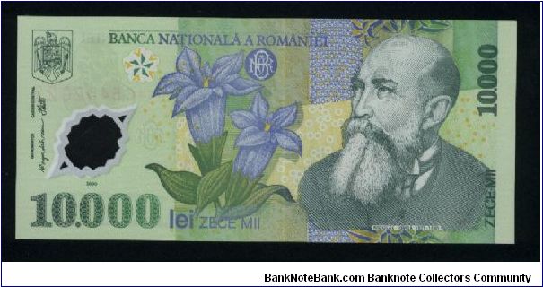 10000 Lei.

Polymer Plastic.

Nicolae Iorga and gentian flower on face; the church of Curtea Arges monastery and Wallachian arms of Prince Constantin Brancoveanu (1686-1714) on back. Banknote