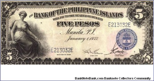 PI-22 1933 Bank of the Philippine Islands 5 Peso note. Banknote