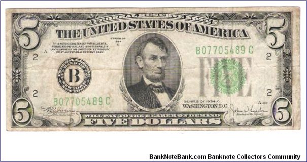 1934CGreen Seal-New York Federal Reserve Note Signatures Julian/Snyder Banknote