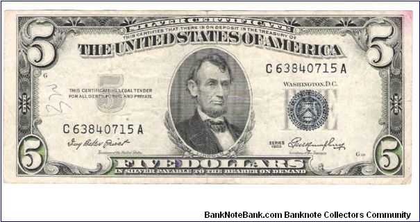 1953-Blue- silver Certificate - signatures Priest/Humphrey Banknote