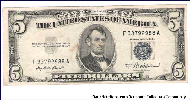 1953A silver certificate -Blue seal Signatures Priest/Anderson Banknote