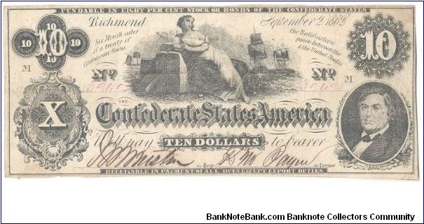 Type 46 Confederate $10 note. (Printer's error: should be 1861) Banknote