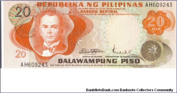 PI-144 Manuell Quezon 20 Peso note, orange face without overprint. Banknote