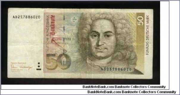 50 Deutsche Mark.

Balthasar Neumann (1687-1753) at right on face; architectural drawing of Bishop's residence in Wurzburg at left center, building blueprint at lower right in watermark area on back.

Pick #40a Banknote