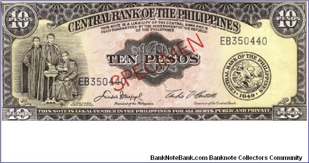 PI-136s5 Central Bank of the Philippnes 10 Peso Specimen note. Banknote