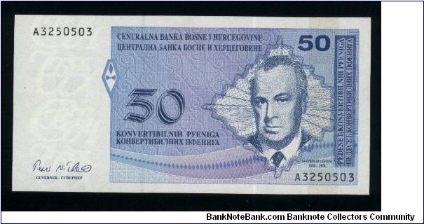 50 Convertible Pfeniga.

Portrait S. Kulenovic at right on face; Stecak Zgosca fragment at left center on back.

Pick #57a Banknote