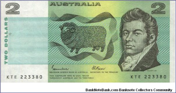 2 Dollars Dated 1985. 
Obverse: Sheep & John MacArthur Reverse: William Farrer & wheat. Banknote