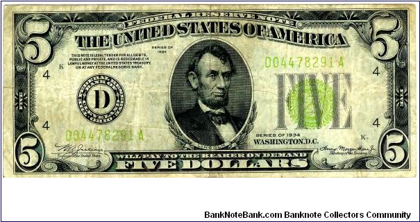 1934 $5 Note(VG) U.S.A. Banknote