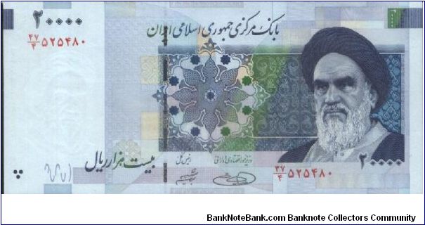 20,000 Rials,Central Bank Of The Islamic Republic Of Iran

Obverse:Imam Ayatollah Khomeini

Reverse:Imam Khomeini square (Naghsh-e-Jahan) in Isfahan

Watermark:Yes

BID VIA EMAIL Banknote
